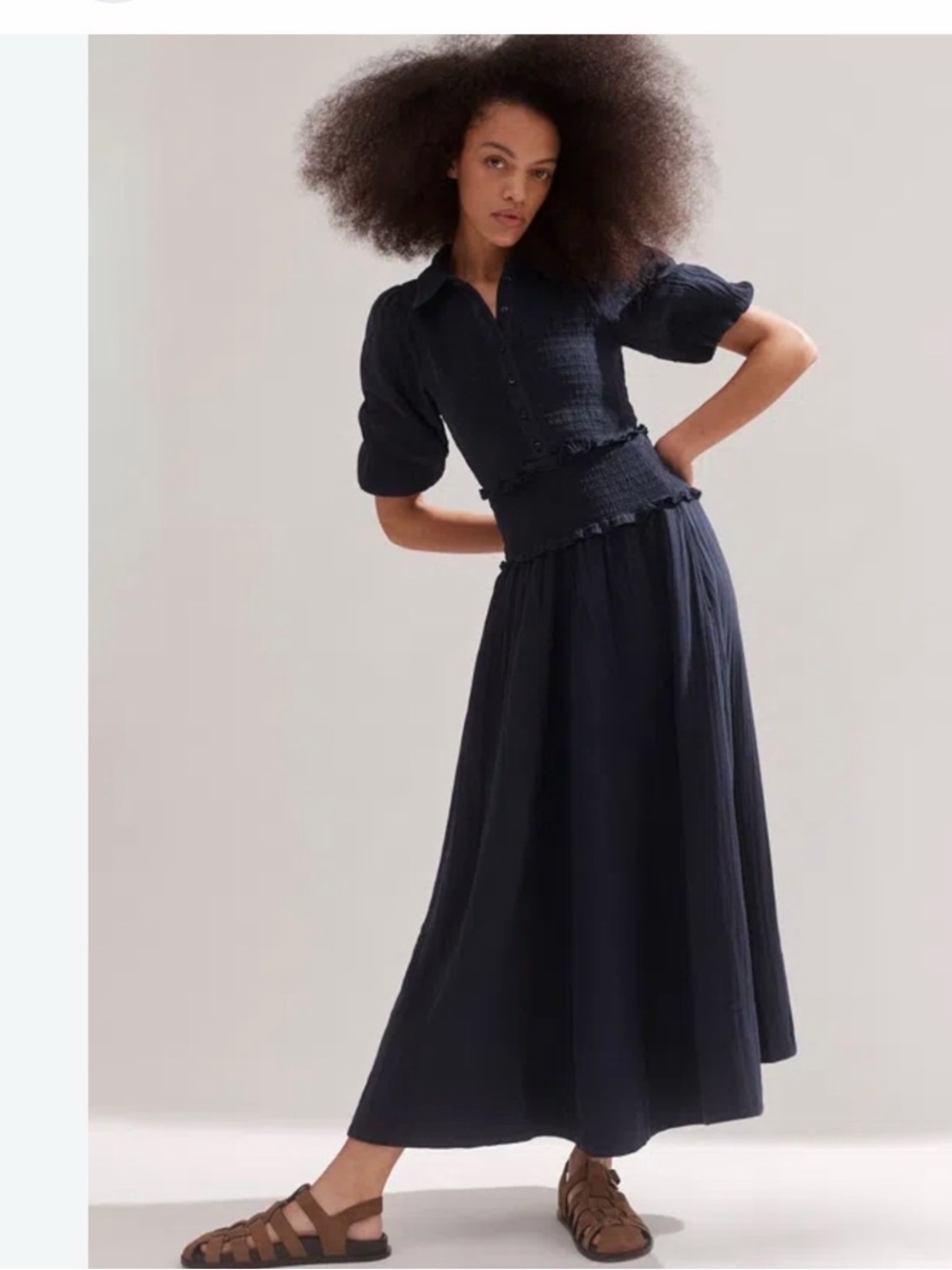 CHEESECLOTH SHIRRED MAXI SHIRT DRESS IN NAVY US size 4